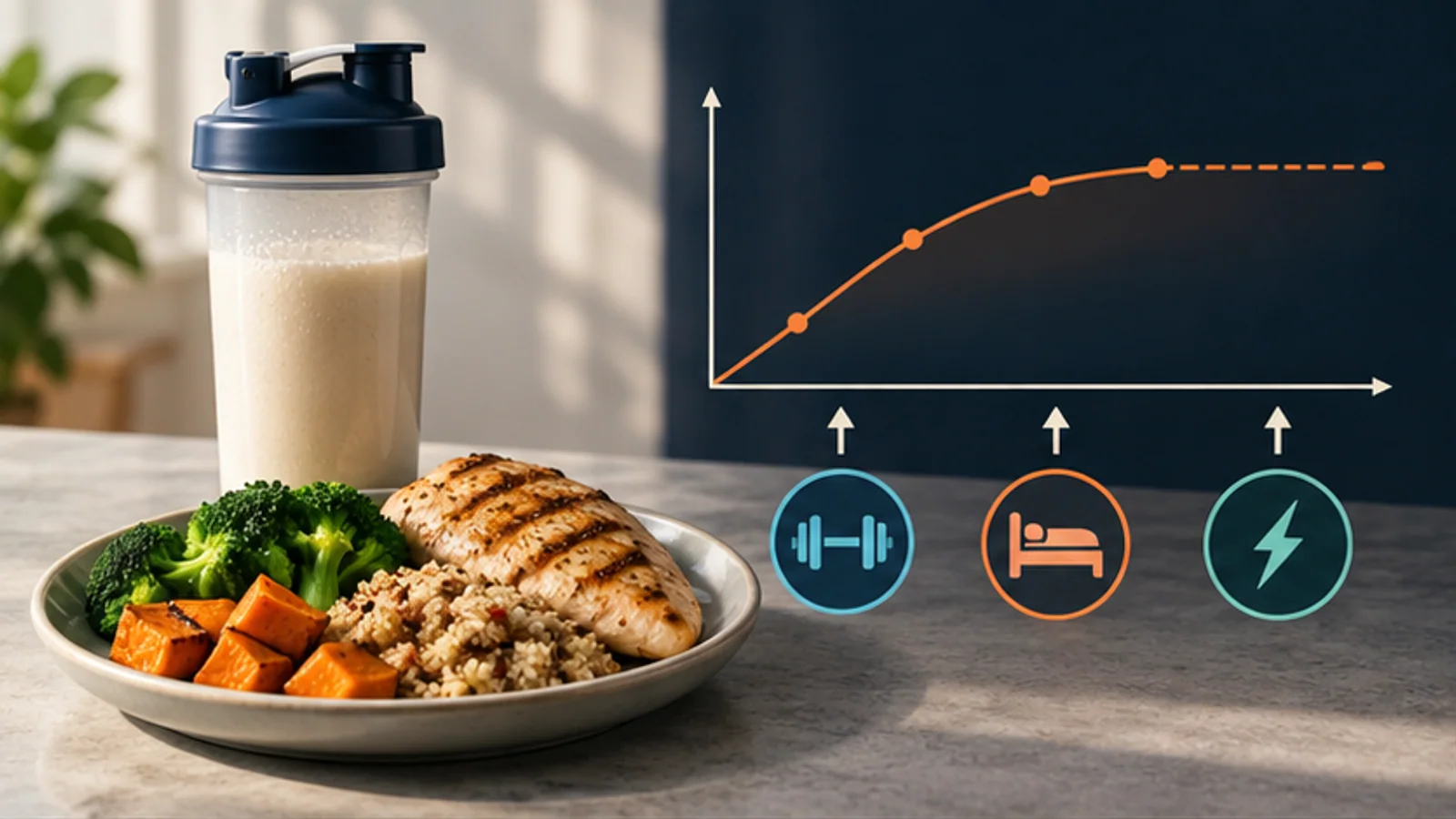 An adequate protein meal sits beside a plateauing response and training, sleep, and energy levers